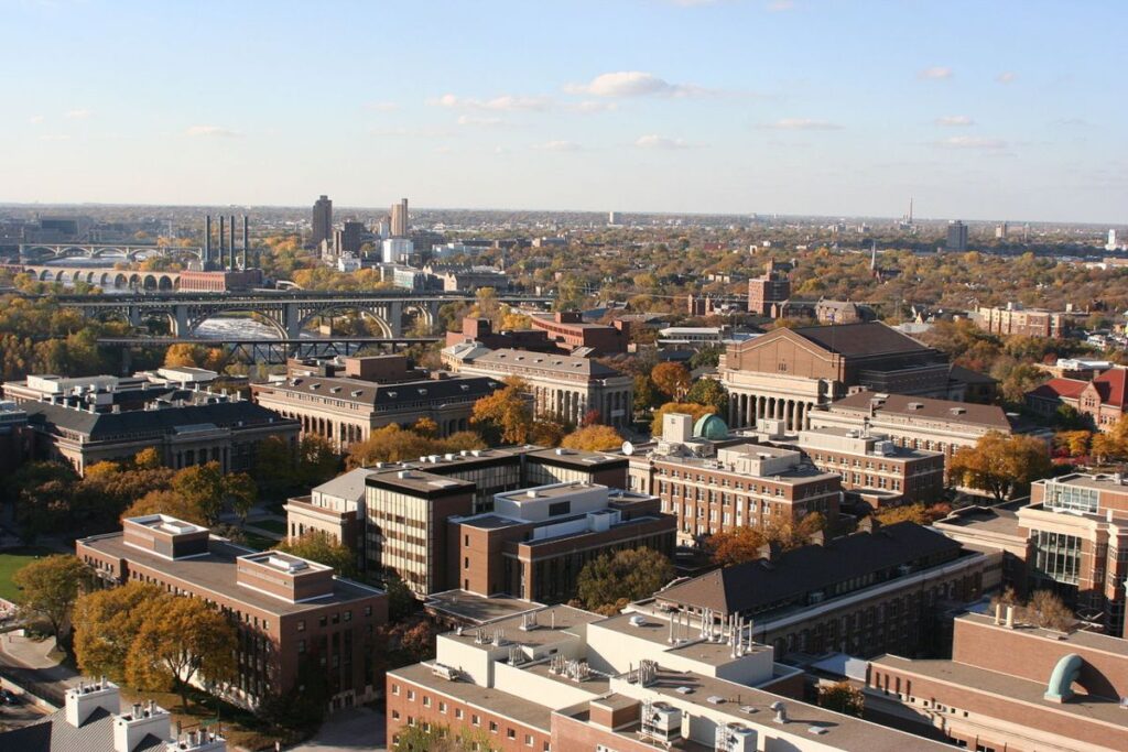 An aerial view of Northrop Mall, part of the University of Minnesota-Twin Cities' East Bank area