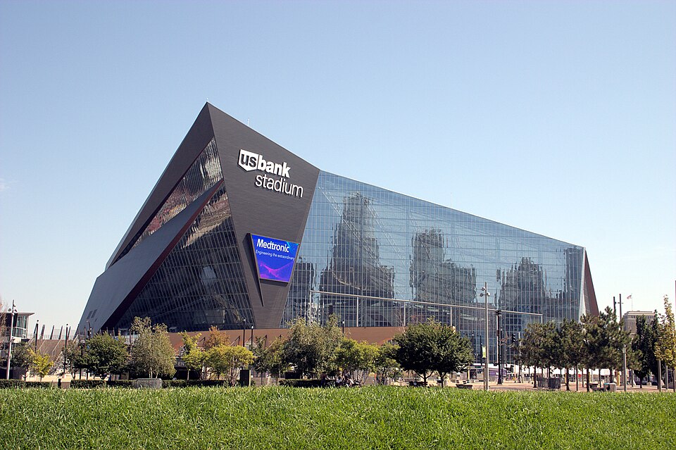 Exterior view of U.S. Bank Stadium in East Downtown Minneapolis, Minnesota, showing the ETFE roof and glass facade